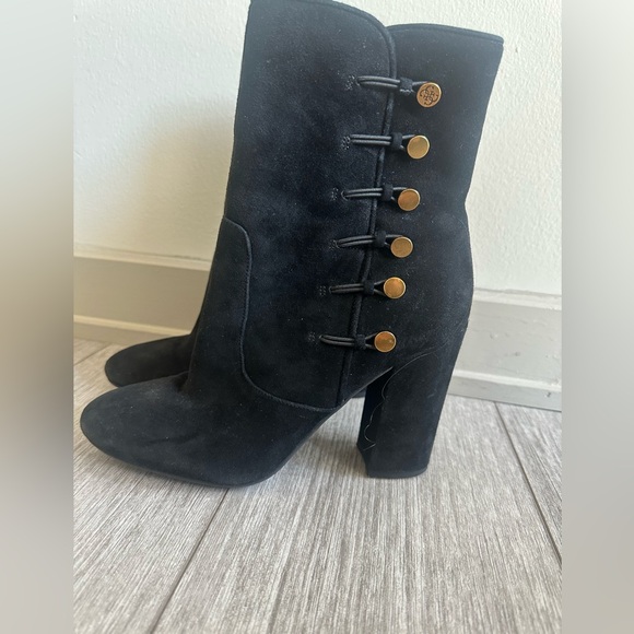 Suede Booties with Gold Buttons